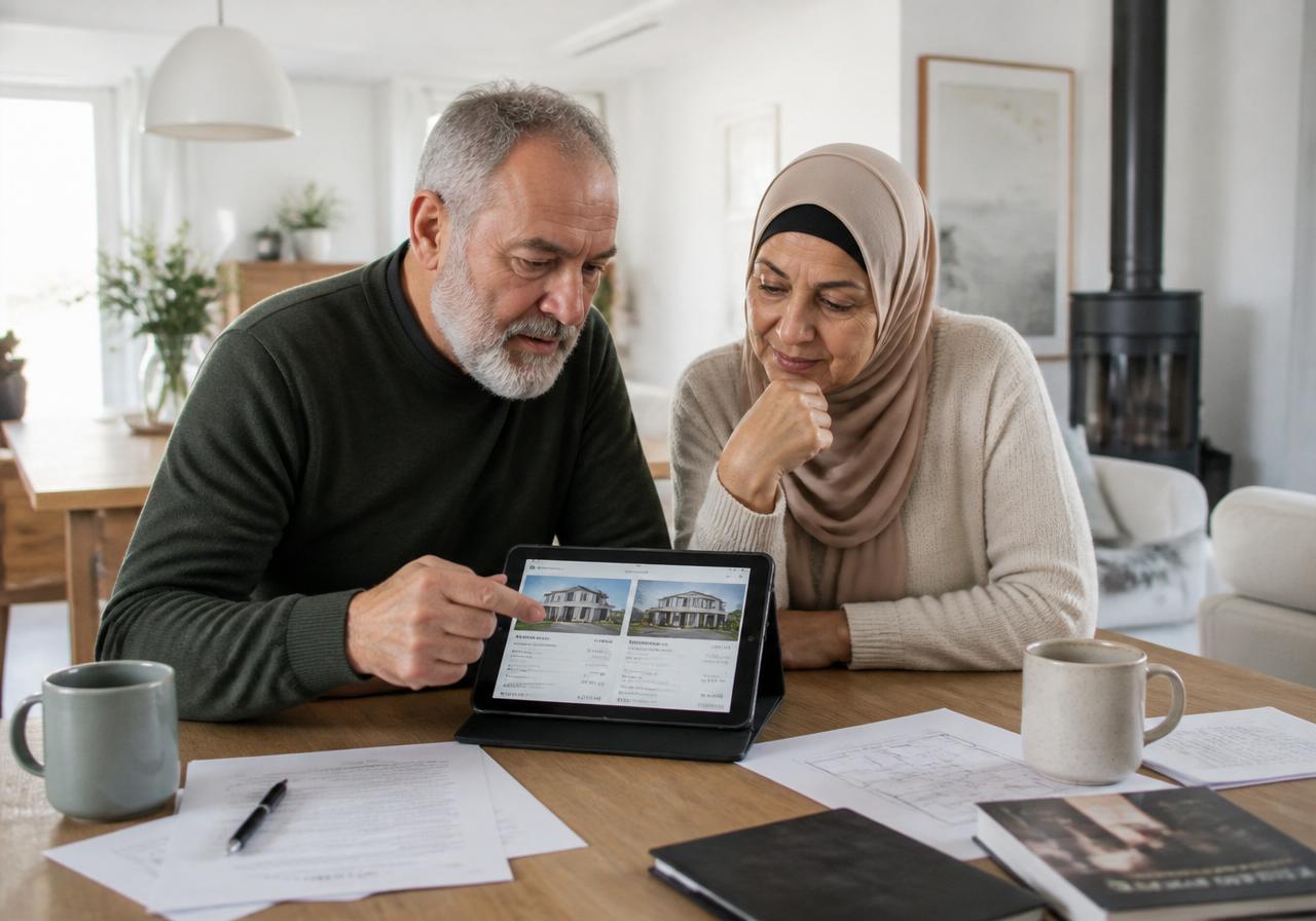 Par jämför två bostadsobjekt på surfplatta vid köksbordet